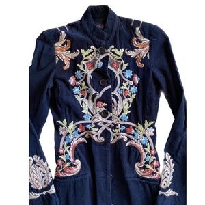 Beautiful! Johnny Was Dark Navy Embroidered Corduroy Long Jacket Size XS
